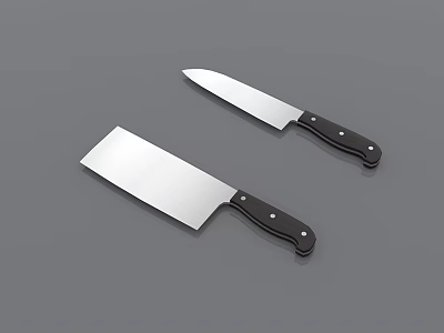 Kitchen Knives Including Cleaver And Chef Knife With Black Riveted Handles On Grey Background 3d model