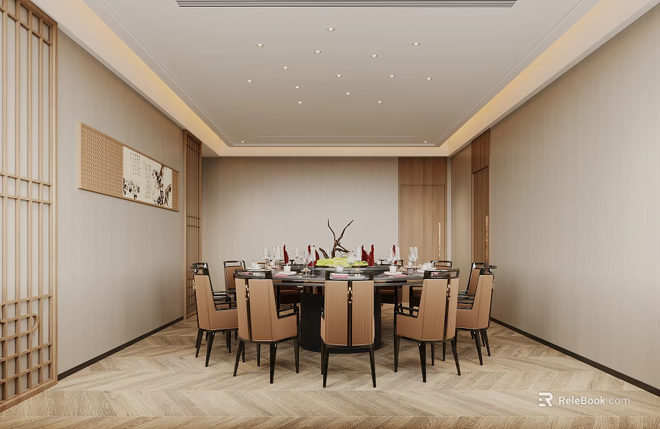 Private Dining Room Interior With Round Table And Chairs 3d model