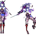 Tech Exhibition Hall Showcasing Futuristic Character Model with Purple Long Hair Spiked Headdress and Weapon