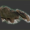 3D Island Terrain Model With Green Vegetation Brown Rocks And Ocean Waves