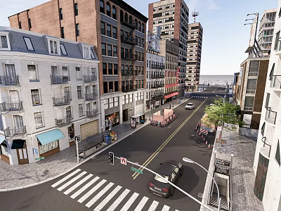 Vibrant Commercial Street With Multistory Buildings Pedestrians Cars And Traffic Lights 3d model