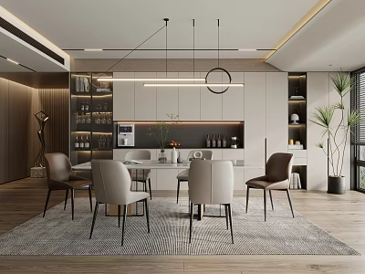Modern Restaurant Interior With Dining Table Chairs Pendant Lights Area Rug And Potted Plants 3d model