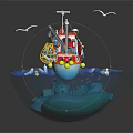 Natural scene inside crystal ball with red fishing boat seagulls and calm blue water