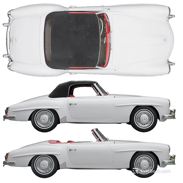 Vintage White Convertible Sports Car with Black Soft Top Red Interior Multiple Views 3d model 
