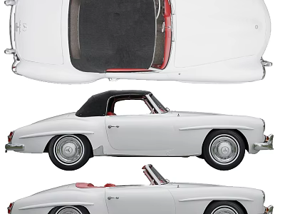 Vintage White Convertible Sports Car with Black Soft Top Red Interior Multiple Views 3d model