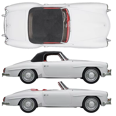 Vintage White Convertible Sports Car with Black Soft Top Red Interior Multiple Views 3d model