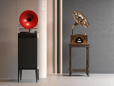 Vintage Phonograph Instruments Modern Interior With Red Brass Horns On Wooden Stands 3d model