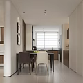 Modern Elegant Open Living Dining Room With Wooden Cabinets Beige Sofa And Built-in Appliances