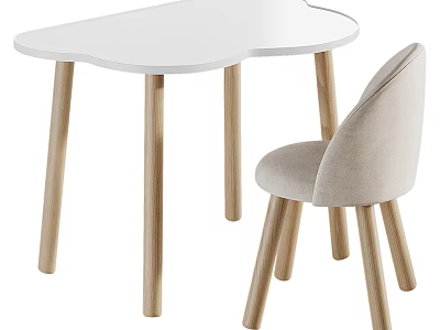 White Cloud Shaped Table With Wooden Legs And Beige Upholstered Chair Set 3d model