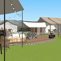 Outdoor Garden Landscape Featuring White Tents Wooden Deck Green Lawn Large Screen And Distant Mountains
