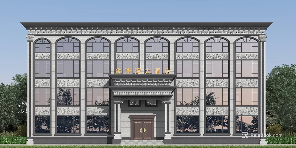 Traditional Style Hotel Building Exterior With Stone Facade Arched Windows Entrance Portico And Golden Signage 3d model 