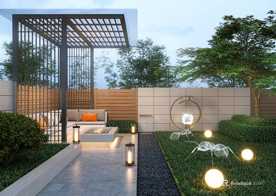 Modern Garden Landscape Design With Metal Lattice Pavilion Stone Path Lawn And Spherical Lights 3d model 