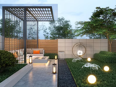 Modern Garden Landscape Design With Metal Lattice Pavilion Stone Path Lawn And Spherical Lights 3d model