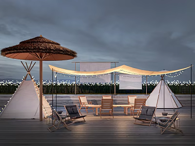 White Teepee Tents on Wooden Deck with Outdoor Furniture Thatched Umbrella and String Lights Night 3d model