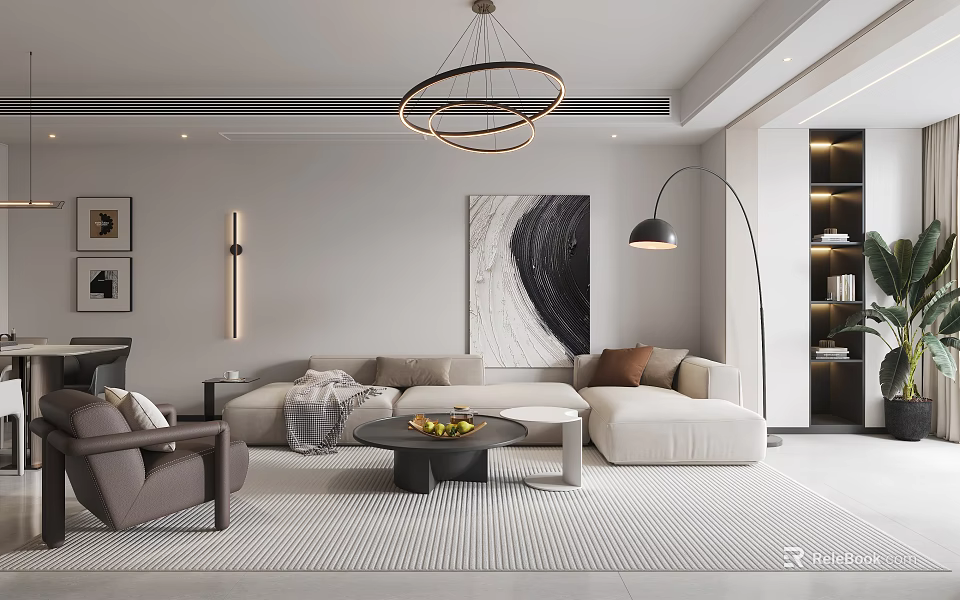 Elegant Modern Living Dining Room Interior Design With Sofa Coffee Table Abstract Painting And Chandelier 3d model 