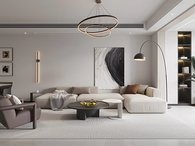 Elegant Modern Living Dining Room Interior Design With Sofa Coffee Table Abstract Painting And Chandelier 3d model