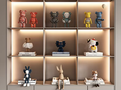Decorative Ornament Set With Colorful Cartoon Figurines On Lighted Layered Display Shelf 3d model