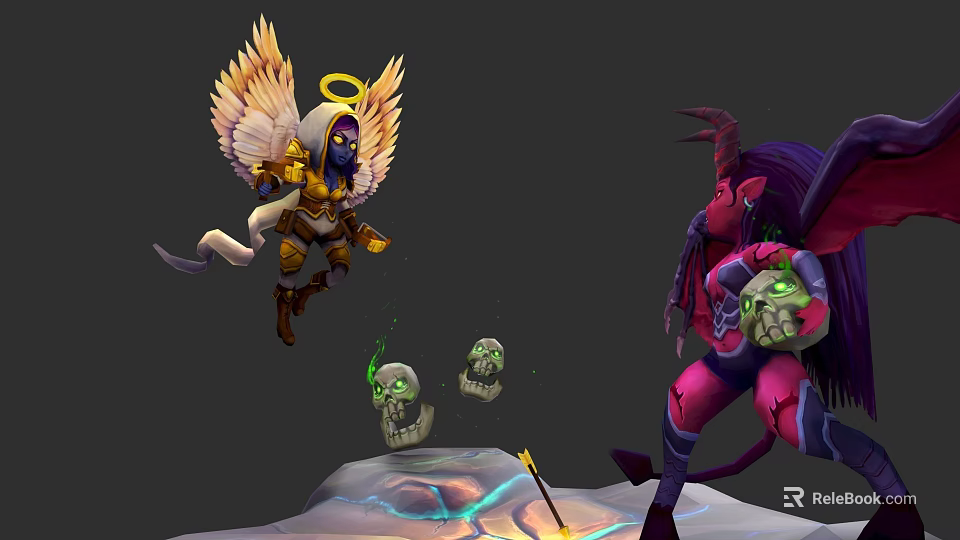 Winged Angelic Warrior With Halo vs Horned Demon Warrior And Green Skulls On Glowing Ground 3d model 