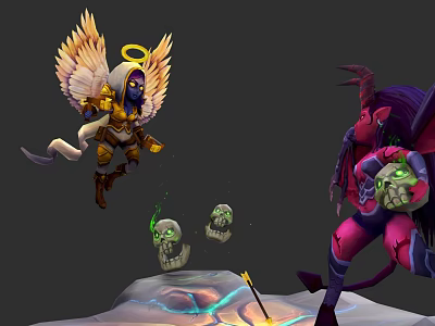 Winged Angelic Warrior With Halo vs Horned Demon Warrior And Green Skulls On Glowing Ground 3d model