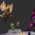 Winged Angelic Warrior With Halo vs Horned Demon Warrior And Green Skulls On Glowing Ground