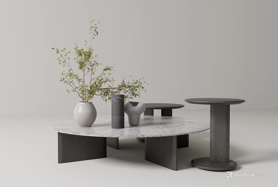 Modern Oval Marble Coffee Table With White Vase Green Plant And Decorative Objects 3d model