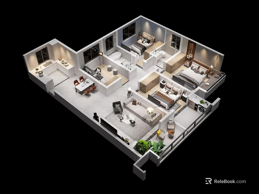 Aerial View of Modern Interior Design with Living Dining Bedroom Rooms and Furniture 3d model 