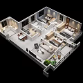 Aerial View of Modern Interior Design with Living Dining Bedroom Rooms and Furniture