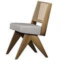 Modern Dining Chairs With Woven Rattan Backrest Gray Upholstered Seat And Wooden Legs