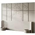 Modern Bed Background Wall Design With Delicate Branch Patterns And Beige Upholstered Headboard 3d model