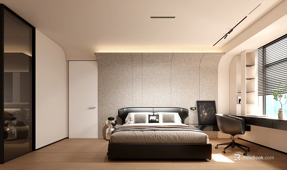 Modern Bedroom Interior Design With Cozy Bed Textured Wall Desk Chair And Wooden Floor 3d model 