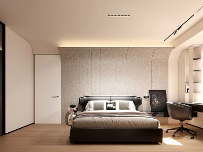 Modern Bedroom Interior Design With Cozy Bed Textured Wall Desk Chair And Wooden Floor 3d model