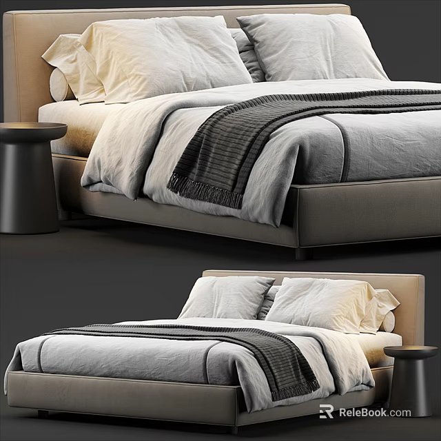 Modern Double Bed Interior Design With Gray Bedding White Pillows And Side Table 3d model 
