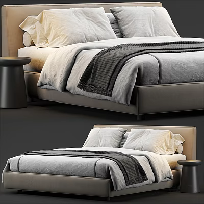 Modern Double Bed Interior Design With Gray Bedding White Pillows And Side Table 3d model