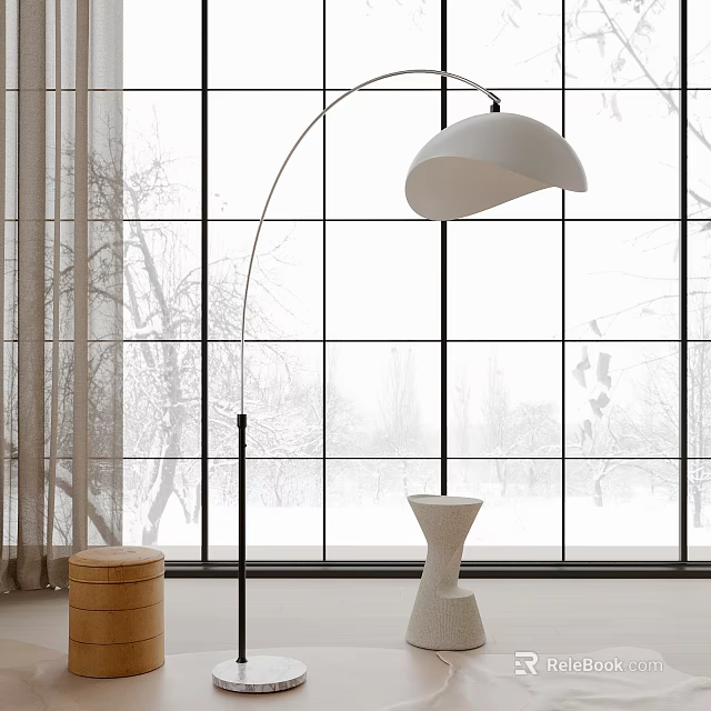 Modern White Shade Arc Floor Lamp With Large Window Snowy View And Curtains 3d model 