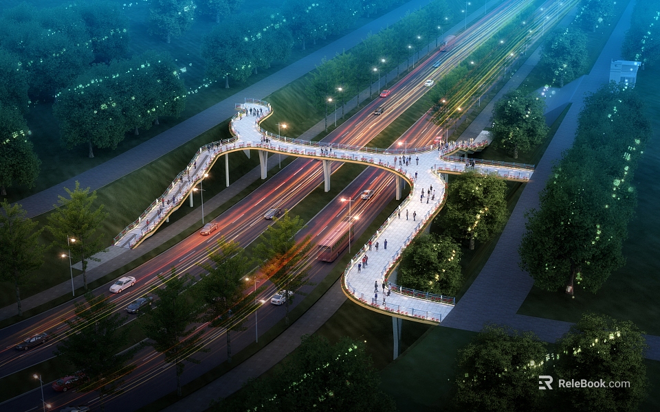 Modern Illuminated Pedestrian Bridge Scenic Night View With Pedestrians Walking Under Traffic Flow And Trees 3d model 