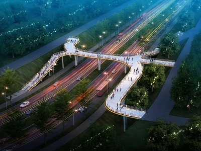 Modern Illuminated Pedestrian Bridge Scenic Night View With Pedestrians Walking Under Traffic Flow And Trees 3d model