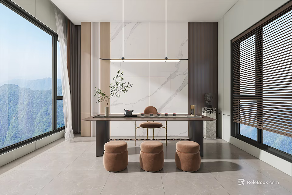Modern Minimalist Tea Room With Large Windows Mountain View Wooden Table And Brown Stools 3d model