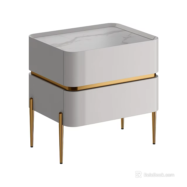 Modern Light Gray Bedside Table With Marble Top And Gold Accent Legs 3d model 