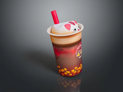Bubble Tea Cup With Tapioca Pearls Cream Topping And Red Straw 3d model