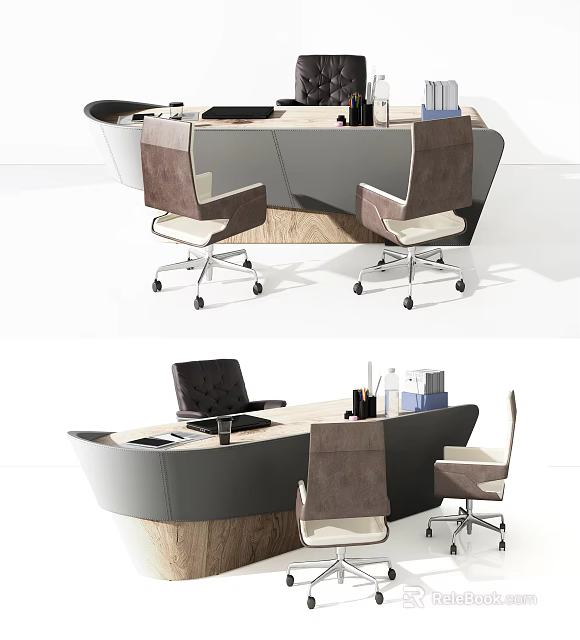 Modern Office Desk With Wooden Top Ergonomic Chairs And Office Supplies 3d model 