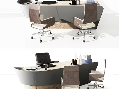 Modern Office Desk With Wooden Top Ergonomic Chairs And Office Supplies 3d model
