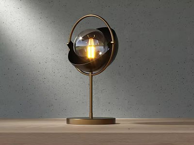 Candle Lamp Metallic Circular Ring Design With Warm Yellow Light On Wooden Tabletop Grey Wall 3d model