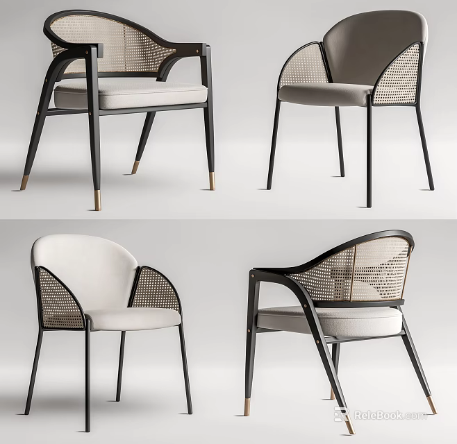 Modern Leisure Chair With Woven Back Black Metal Frame And White Cushion Design 3d model 