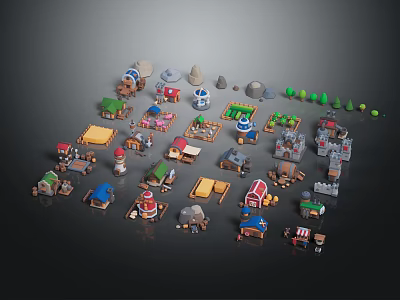 Colorful Miniature Buildings With Various Styles Shapes Trees And Road Elements 3d model