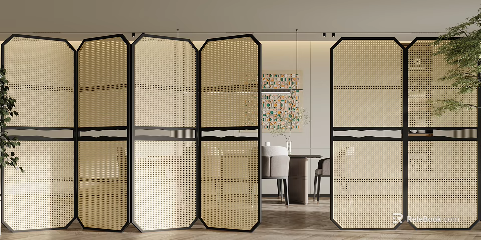 Modern Golden Screen Divider With Black Frame In Dining Area 3d model