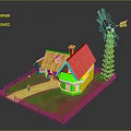 Cartoon Scene with Colorful Houses Red Roof Windmill Wooden Fence and Green Grass