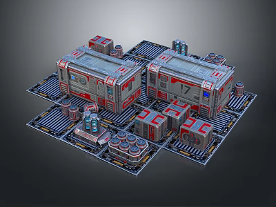Futuristic Industrial Building Complex With Red Gray Structures And Cylindrical Units Platforms 3d model