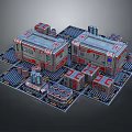 Futuristic Industrial Building Complex With Red Gray Structures And Cylindrical Units Platforms