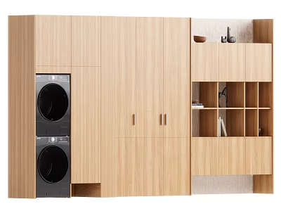 Modern Light Wood Bookcase With Cabinet Doors Open Shelves And Built In Washing Machine 3d model