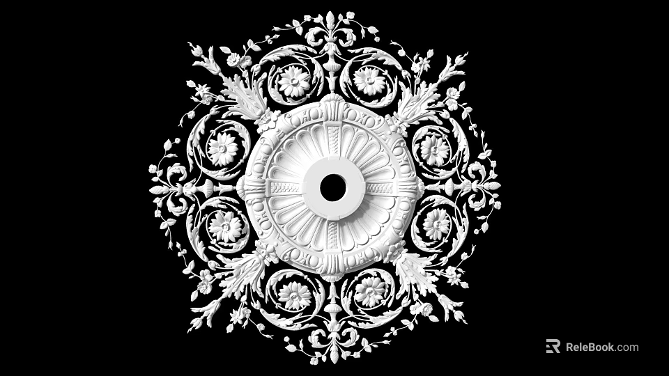White Ornate Classical Ceiling Rose With Carved Floral Patterns And Central Hole 3d model